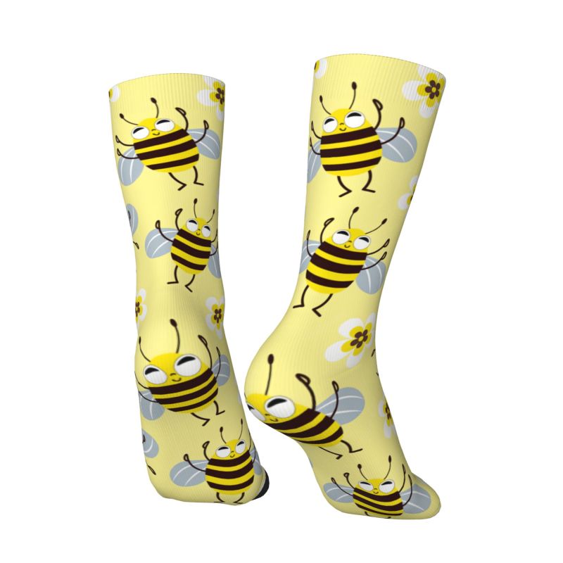 Dress Sock Men - ถุงเท้าลายพิมพ์ 3 มิติ ลายผึ้งและดอกไม้ สำหรับผู้ชายและผู้หญิง ระบายอากาศได้ดี