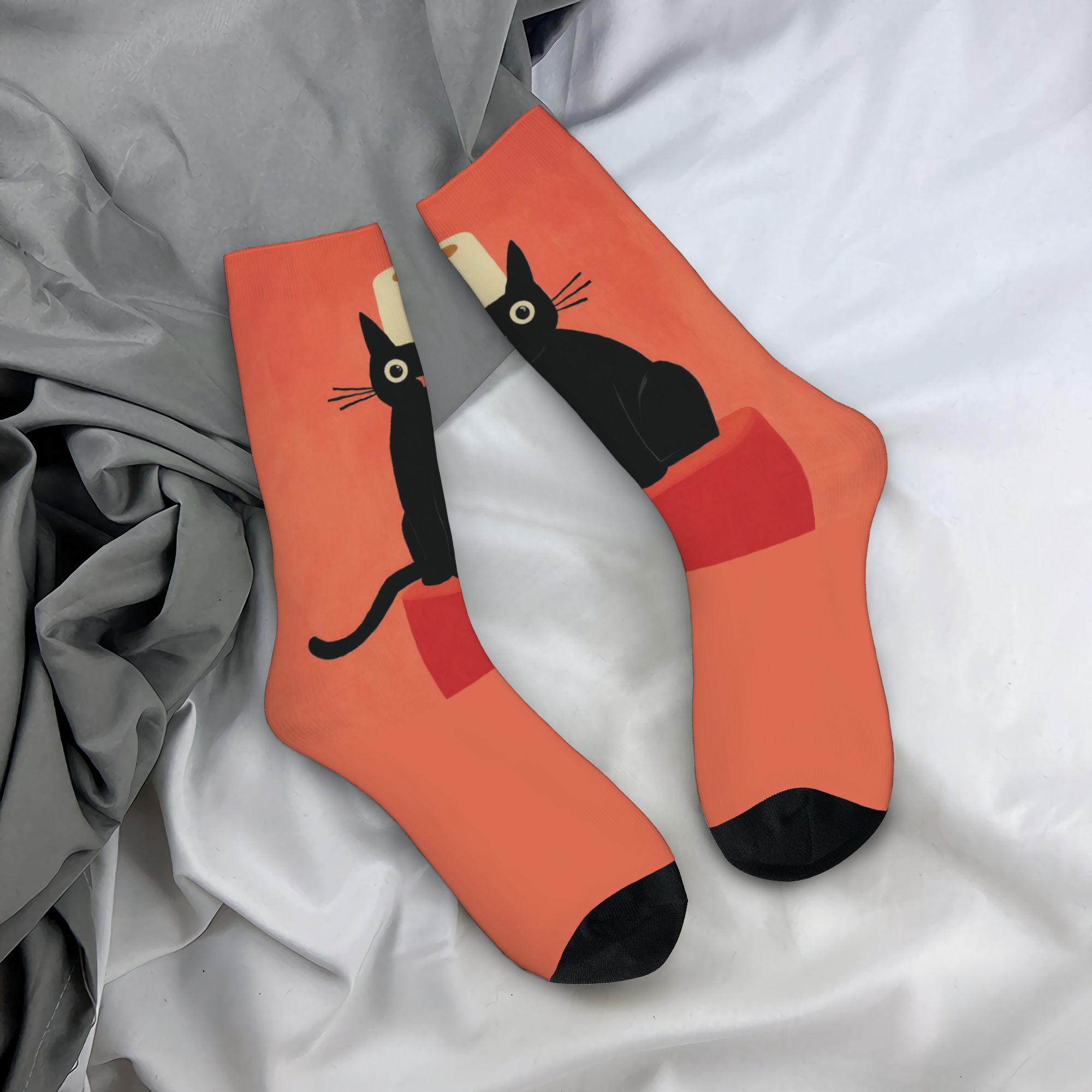Dress Sock Men - ถุงเท้าลายแมวดำแบบกำหนดเองพร้อมลายกระดาษชำระ สำหรับผู้ชายและผู้หญิง ถุงเท้าลำลองแบบยูนิเซ็กส์ สนุกสนาน เหมาะสำหรับฤดูใบไม้ผลิ ฤดูร้อน