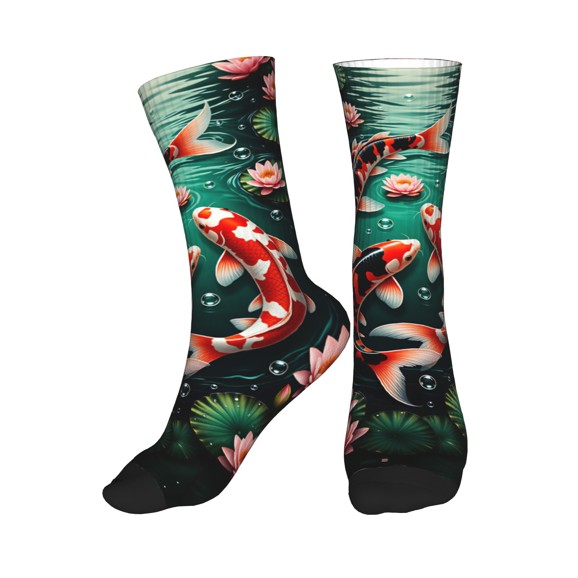 Dress Sock Men - ถุงเท้าแฟชั่นลายปลาคาร์ฟ 3 ตัว ลายดอกบัว สำหรับผู้ชายและผู้หญิง ถุงเท้าแฟชั่นแบบอุ่นๆ