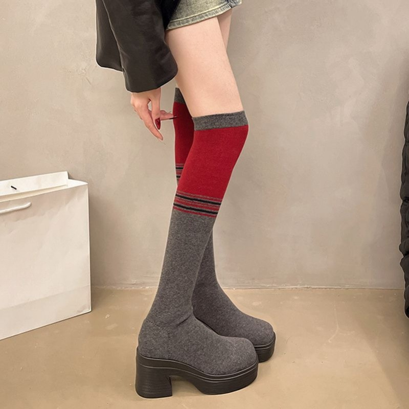 Knee High Sock Women - รองเท้าบูทถักแบบสวมสูงเหนือเข่า ส้นหนา สำหรับผู้หญิง คอลเลคชั่นฤดูใบไม้ร่วง/ฤดูหนาว ปี 2025